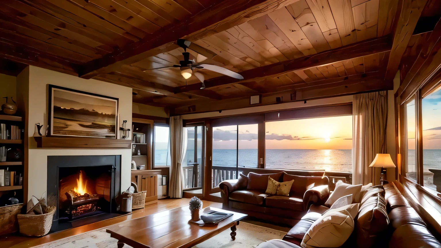 A cozy, rustic living room with a wooden ceiling and large frameless windows overlooking a serene sunset ocean view. The room features a burning fireplace, a high-quality low sofa, a wooden coffee table, a television, and bookshelves filled with books and decorative items. Soft, warm lighting enhances the inviting atmosphere.