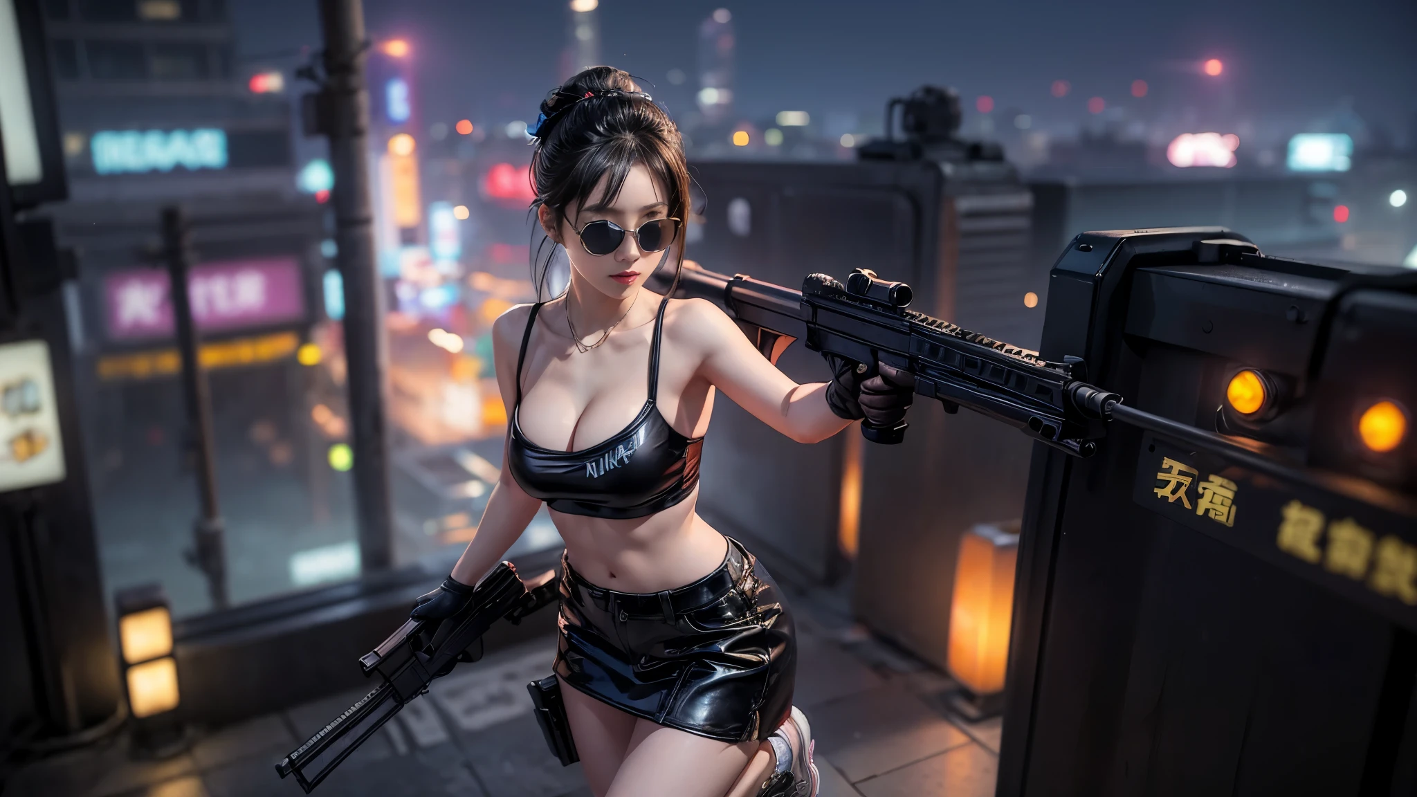 8k, Realistic Skin Texture, Realistic Photo, Neo Tokyo, slim Japanese women, large-breast:1.3 cleavage:1.2, AD2050 at night, Dirty hunting jacket, Wearing tube top, miniskirt, (((black sunglasses, automatic rifle, sneakers, cold, shooting pose, low angle view))), Innovative composition, revenge, cyberpunk, blade runner worldview, Large neon sign, Geisha hologram sign, Strong Wakamoto Sign.
