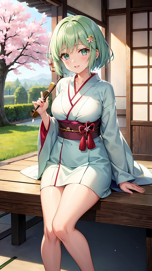 Girl with short green hair, Small breasts, Green Eyes, White Casual Wear Beauty Special、(((tits))),Full body photo from head to toe、Kimono、Patterned Japanese clothing、Cherry tree in full bloom、Fluttering petals、、Graceful Manners、Playing the shamisen、Playing in a Japanese-style room、play a sound、Japanese Instruments、Play a musical instrument