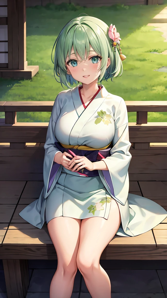 Girl with short green hair, Small breasts, Green Eyes, White Casual Wear Beauty Special、(((tits))),Full body photo from head to toe、Kimono、Patterned Japanese clothing、Cherry tree in full bloom、Fluttering petals、、Graceful Manners、Playing the shamisen、Playing in a Japanese-style room、play a sound、Japanese Instruments、Play a musical instrument