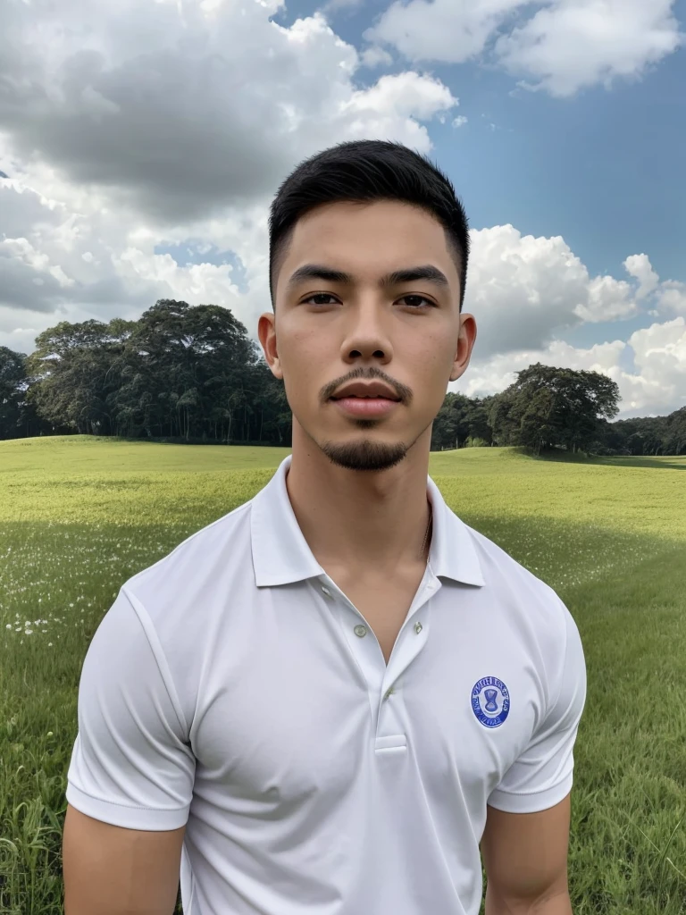 Tony Labrusca, Young man in a white polo shirt Standing on the edge of the meadow with an expression on his face, looking into the distance Turn your head slightly.,Cloudy day, coffee shop