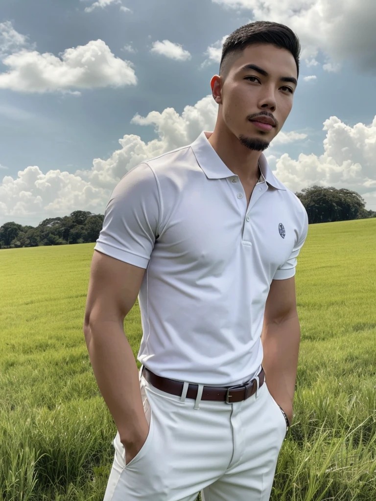 Tony Labrusca, Young man in a white polo shirt Standing on the edge of the meadow with an expression on his face, looking into the distance Turn your head slightly.，Cloudy day, coffee shop
