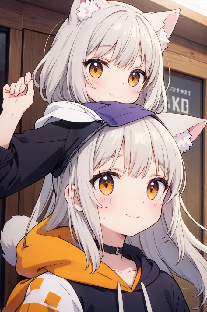 Lori White-gold hair Grey hoodie Dabo Dabo hoodie Long Hair Cat ear smile