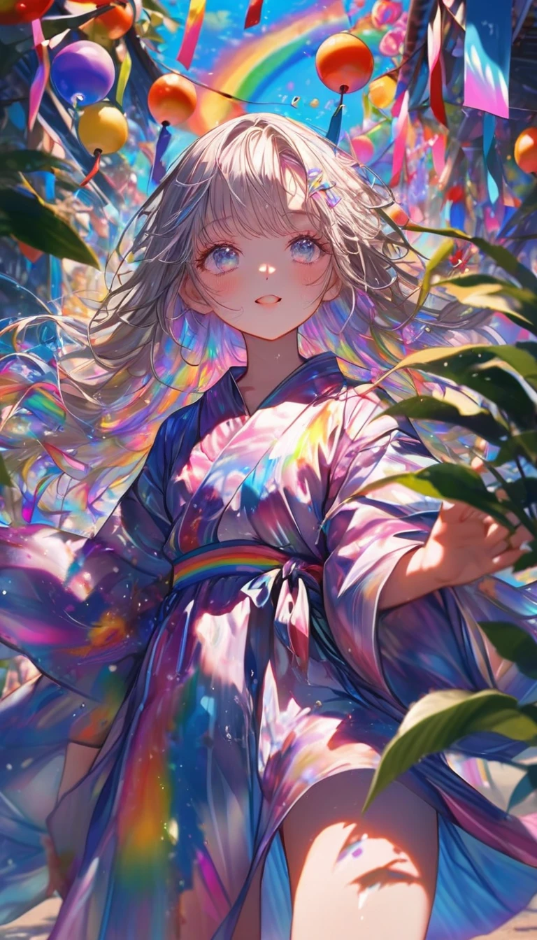 Tanabata、Strip、Bamboo leaf、Stripに願いをこめて、Grilling in a yukata,fluid,Particles of light, dream-like,Sparkling,dream-like glow,Paint drips,oil,strong stroke,Paint drips,Splash Paint Drop, oil,(Abstract:1.2)A girl made up of(Tanabataライトトレース:1.25),Change to (Radioluminescence light tracking) Style Fireworks,(Cowboy Shot,Above Knee Portrait:1.25),Temple Fair,Summer festival,Shining in rainbow colors、16K, Ultra-high resolution, to be born,wonderful ,future、Iridescent、The world 30 years from now。