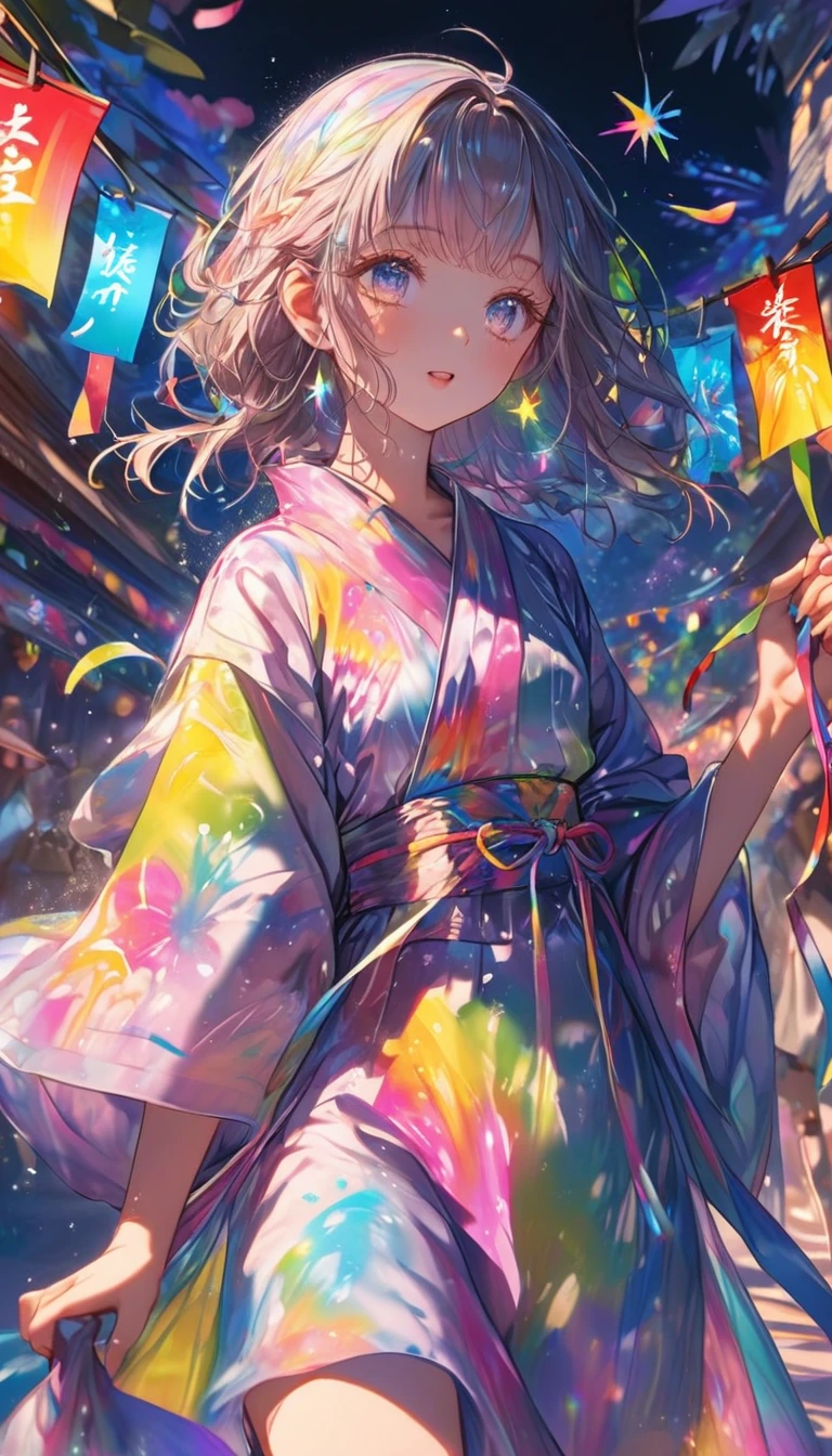 Tanabata、Strip、Bamboo leaf、Stripに願いをこめて、Grilling in a yukata,fluid,Particles of light, dream-like,Sparkling,dream-like glow,Paint drips,oil,strong stroke,Paint drips,Splash Paint Drop, oil,(Abstract:1.2)A girl made up of(Tanabataライトトレース:1.25),Change to (Radioluminescence light tracking) Style Fireworks,(Cowboy Shot,Above Knee Portrait:1.25),Temple Fair,Summer festival,Shining in rainbow colors、16K, Ultra-high resolution, to be born,wonderful ,future、Iridescent、The world 30 years from now。