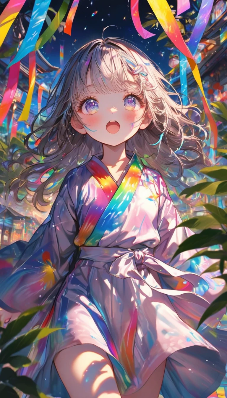 Tanabata、Strip、Bamboo leaf、Stripに願いをこめて、Grilling in a yukata,fluid,Particles of light, dream-like,Sparkling,dream-like glow,Paint drips,oil,strong stroke,Paint drips,Splash Paint Drop, oil,(Abstract:1.2)A girl made up of(Tanabataライトトレース:1.25),Change to (Radioluminescence light tracking) Style Fireworks,(Cowboy Shot,Above Knee Portrait:1.25),Temple Fair,Summer festival,Shining in rainbow colors、16K, Ultra-high resolution, to be born,wonderful ,future、Iridescent、The world 30 years from now。