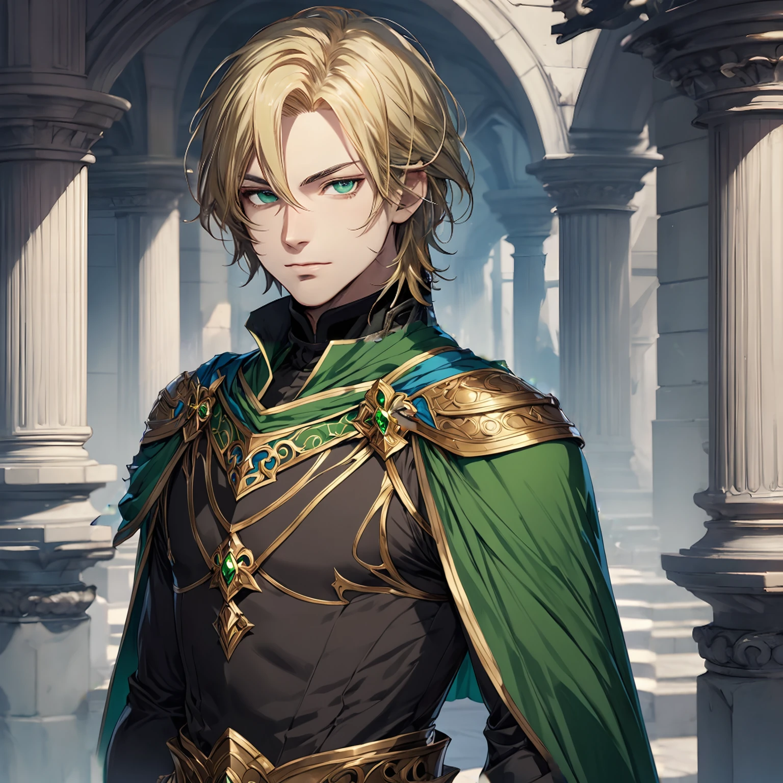 masterpiece, best quality, 1man, adult, male focus, solo, blonde hair, medium hair, vibrant green eyes, looking at viewer, closed mouth, Fantasy aesthetics, Highly detailed, shadowverse style, rogue outfit, blue cape at left shoulder
