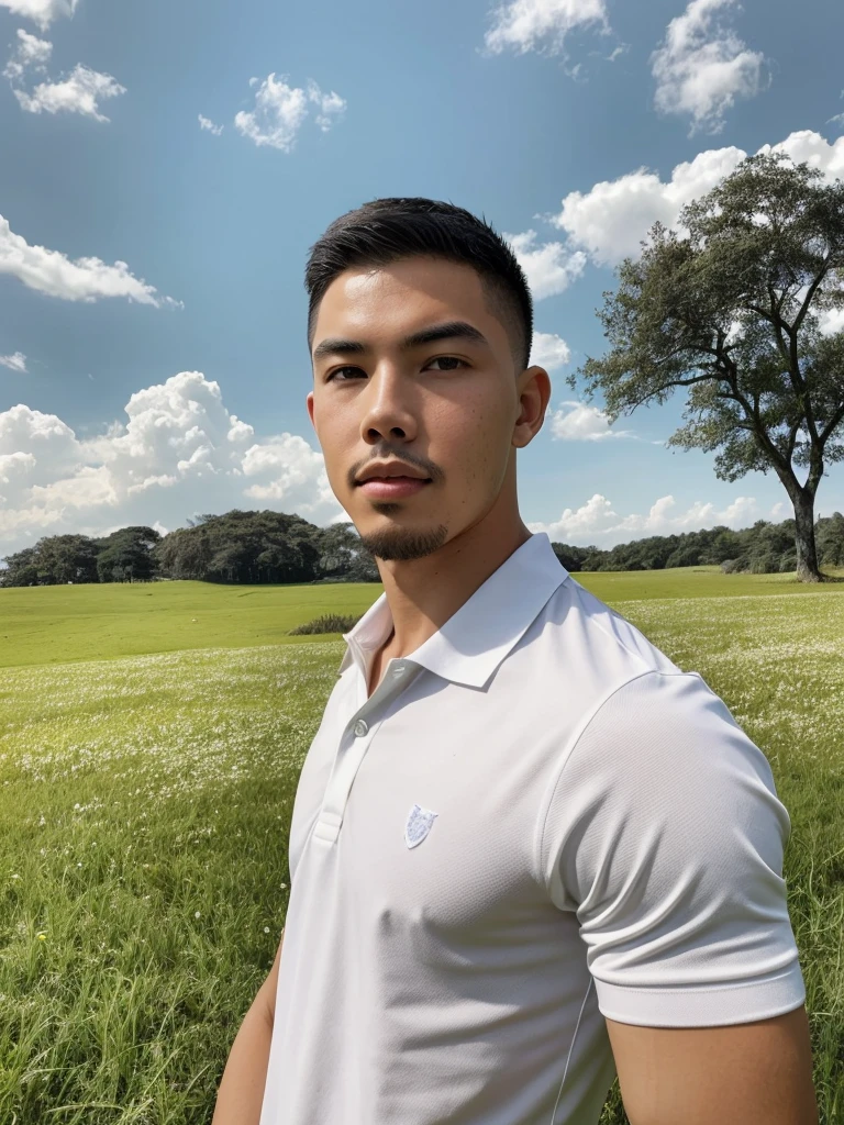 Tony Labrusca, Young man in a white polo shirt Standing on the edge of the meadow with an expression on his face, looking into the distance Turn your head slightly.，Cloudy day, coffee shop