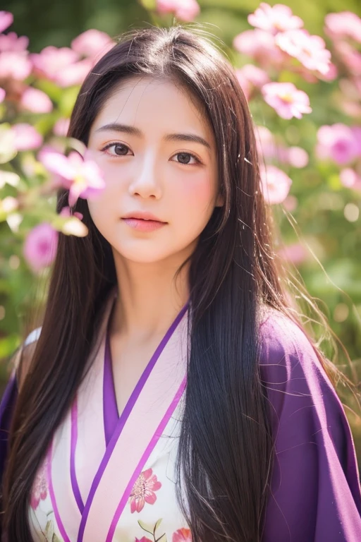 Super super realistic、high quality、Very detailed、Ultra-high resolution、Black Hair、Long Hair、The Beauty of Japan、No makeup、double、Wide-set eyes、Sensual eyes、Sleepy eyes、Apple Cheeks、Alabaster peel、Thin eyebrows 、teeth、Thick lips、Big Hips、sad、behind、Embarrassing 、Apply blush all over the face、Sticking out tongue、Mole under eye、Half-closed eyes、Hollow Eyes、envy、Exhausted、19 years old、height: 147cm、she wearing kimono of deep purple color、standing on Flower Meadow、sunlight、full body、