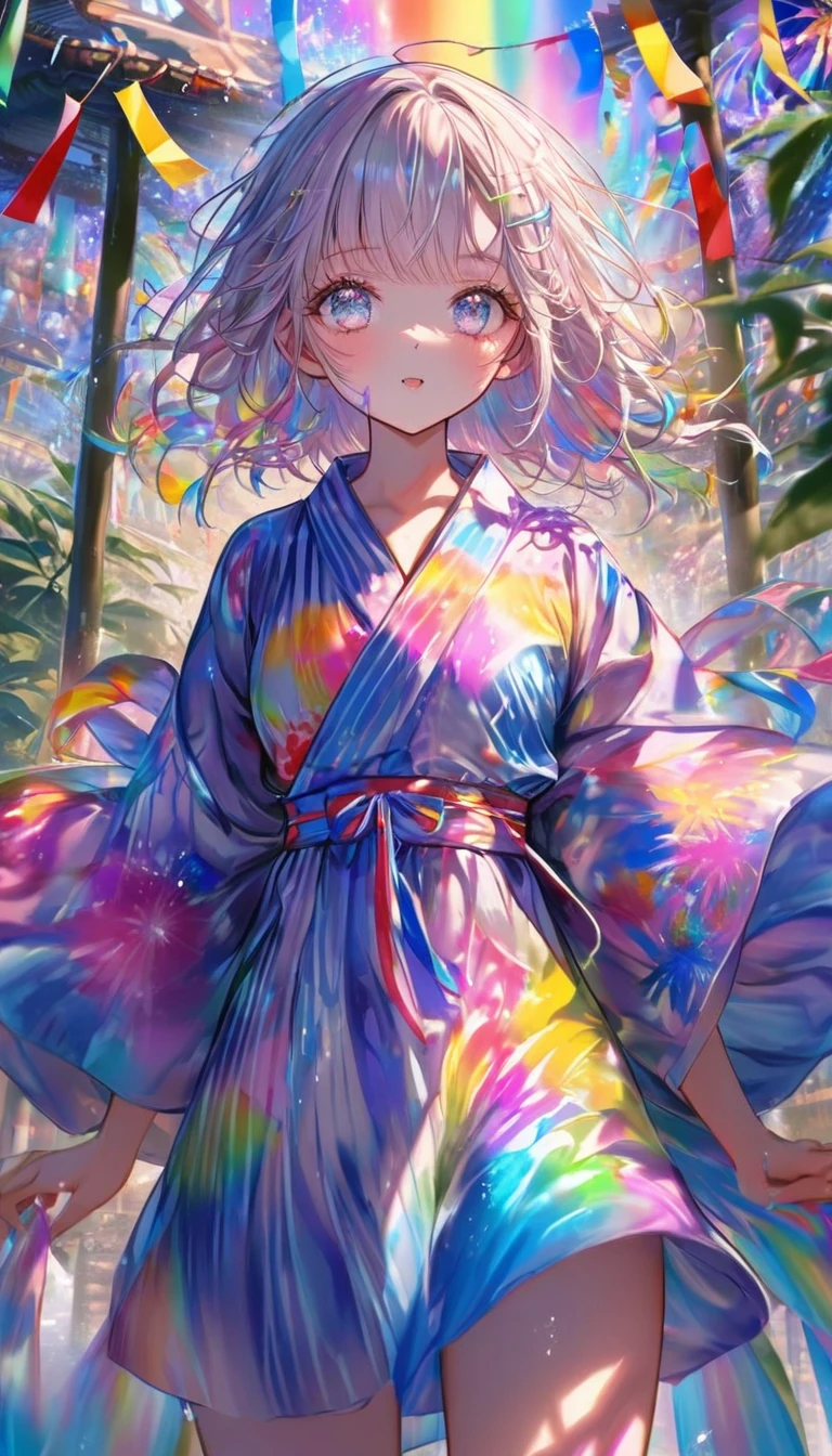 Tanabata、Strip、Bamboo leaf、Stripに願いをこめて、Grilling in a yukata,fluid,Particles of light, dream-like,Sparkling,dream-like glow,Paint drips,oil,strong stroke,Paint drips,Splash Paint Drop, oil,(Abstract:1.2)A girl made up of(Tanabataライトトレース:1.25),Change to (Radioluminescence light tracking) Style Fireworks,(Cowboy Shot,Above Knee Portrait:1.25),Temple Fair,Summer festival,Shining in rainbow colors、16K, Ultra-high resolution, to be born,wonderful ,future、Iridescent、The world 30 years from now。