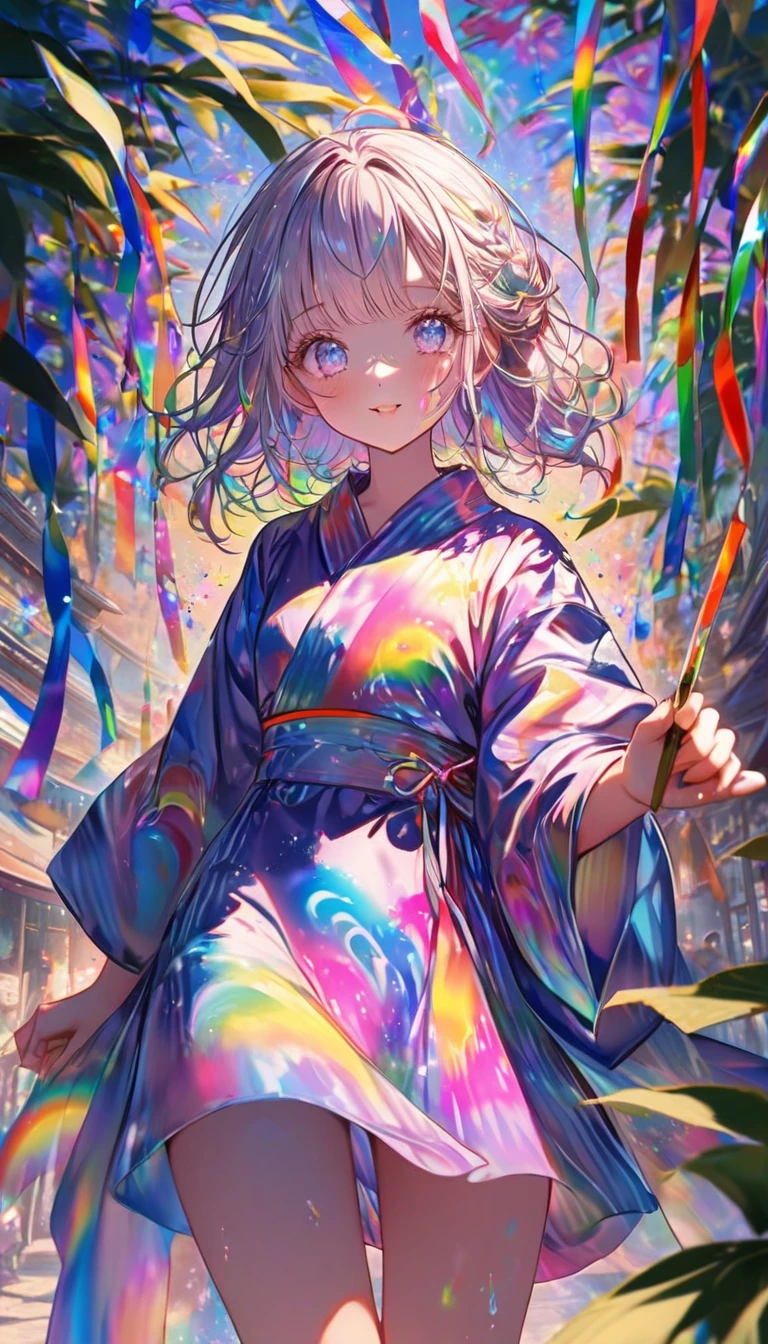 Tanabata、Strip、Bamboo leaf、Stripに願いをこめて、Grilling in a yukata,fluid,Particles of light, dream-like,Sparkling,dream-like glow,Paint drips,oil,strong stroke,Paint drips,Splash Paint Drop, oil,(Abstract:1.2)A girl made up of(Tanabataライトトレース:1.25),Change to (Radioluminescence light tracking) Style Fireworks,(Cowboy Shot,Above Knee Portrait:1.25),Temple Fair,Summer festival,Shining in rainbow colors、16K, Ultra-high resolution, to be born,wonderful ,future、Iridescent、The world 30 years from now。