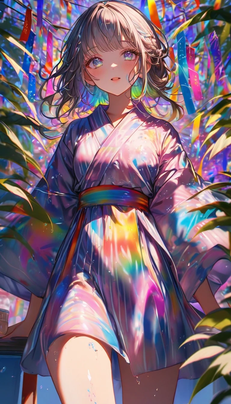 Tanabata、Strip、Bamboo leaf、Stripに願いをこめて、Grilling in a yukata,fluid,Particles of light, dream-like,Sparkling,dream-like glow,Paint drips,oil,strong stroke,Paint drips,Splash Paint Drop, oil,(Abstract:1.2)A girl made up of(Tanabataライトトレース:1.25),Change to (Radioluminescence light tracking) Style Fireworks,(Cowboy Shot,Above Knee Portrait:1.25),Temple Fair,Summer festival,Shining in rainbow colors、16K, Ultra-high resolution, to be born,wonderful ,future、Iridescent、The world 30 years from now。