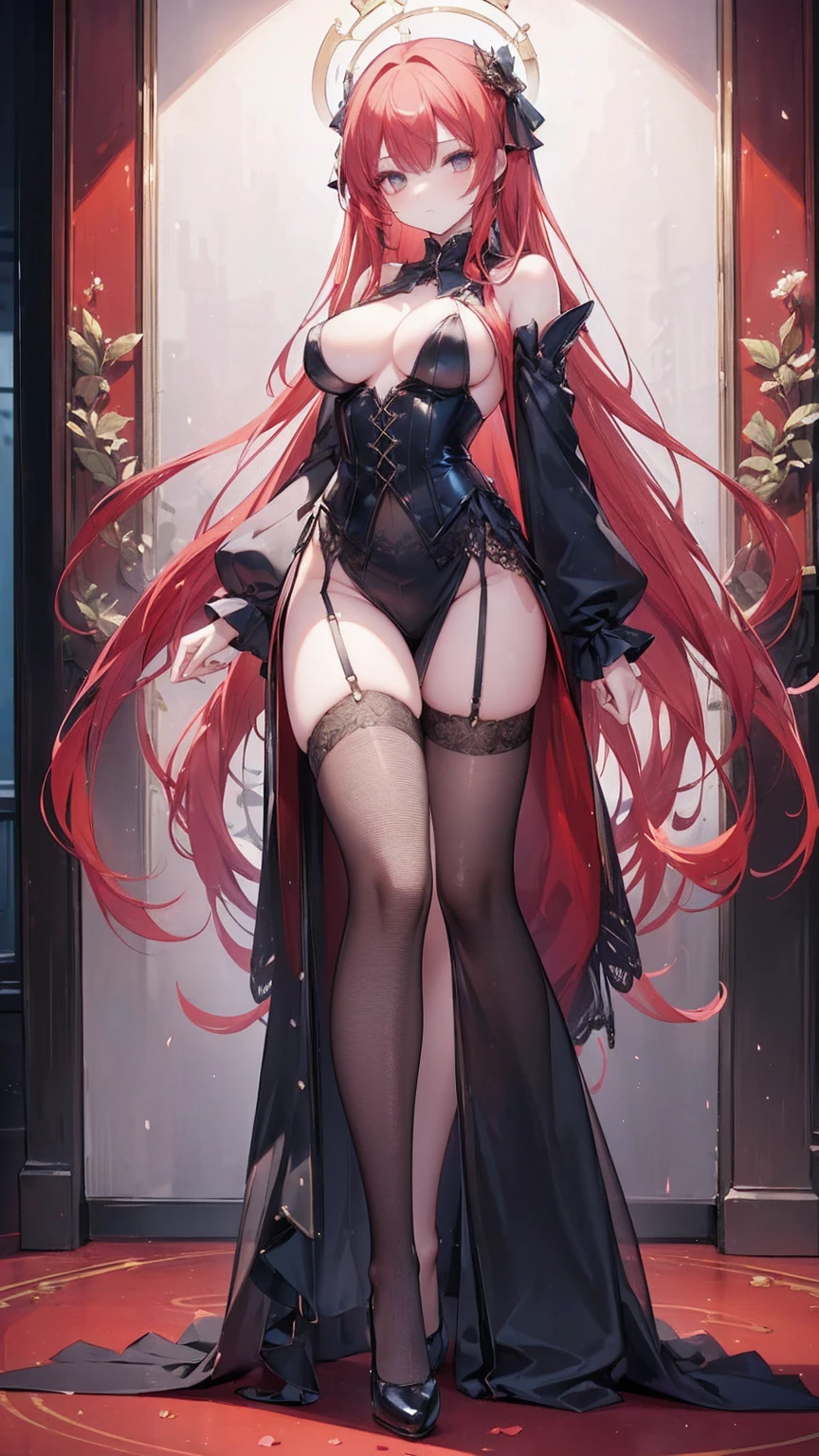 (masterpiece, top quality, best quality, official art, beautiful and aesthetic:1.2), (, best quality, masterpiece:1.2), very long hair, full body, (medium breasts:1.2), very long hair, fishnet thighhighs, high heels, (long dress:1.4), corset, garter belts, red hair, tall girl, 17 aged girl