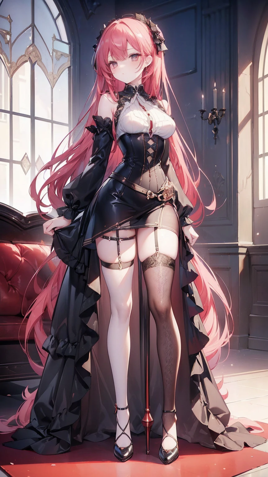 (masterpiece, top quality, best quality, official art, beautiful and aesthetic:1.2), (, best quality, masterpiece:1.2), very long hair, full body, (medium breasts:1.2), very long hair, fishnet thighhighs, high heels, (long dress:1.4), corset, garter belts, red hair, tall girl, 17 aged girl
