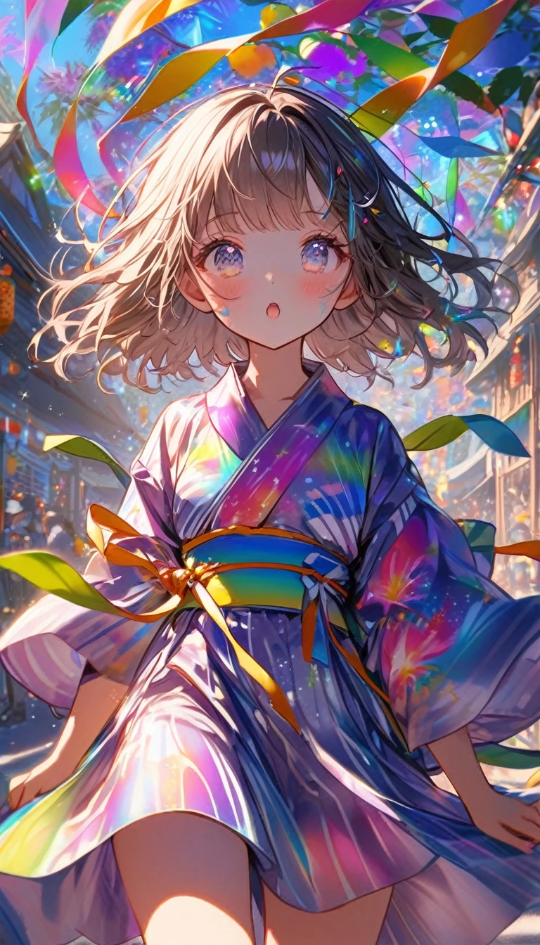 Tanabata、Strip、Bamboo leaf、Stripに願いをこめて、Grilling in a yukata,fluid,Particles of light, dream-like,Sparkling,dream-like glow,Paint drips,oil,strong stroke,Paint drips,Splash Paint Drop, oil,(Abstract:1.2)A girl made up of(Tanabataライトトレース:1.25),Change to (Radioluminescence light tracking) Style Fireworks,(Cowboy Shot,Above Knee Portrait:1.25),Temple Fair,Summer festival,Shining in rainbow colors、16K, Ultra-high resolution, to be born,wonderful ,future、Iridescent、The world 30 years from now。