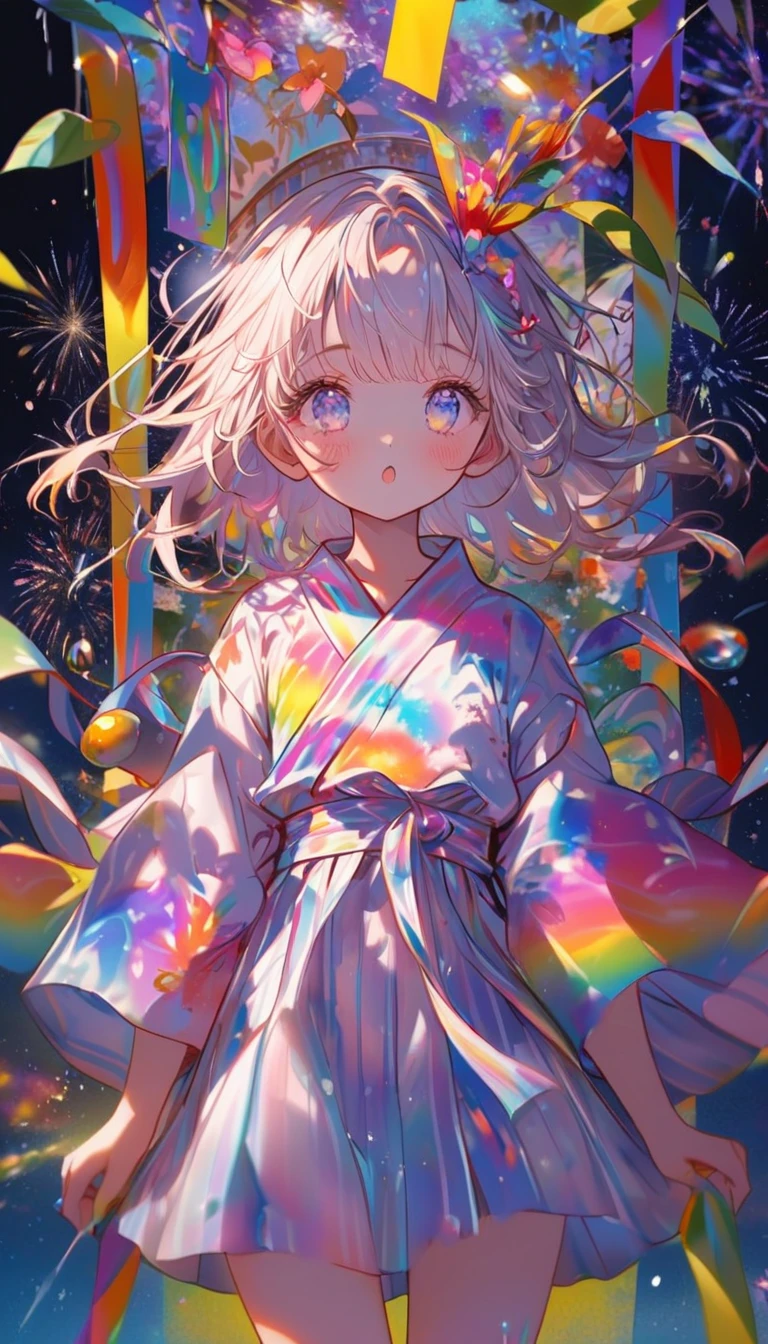 Tanabata、Strip、Bamboo leaf、Stripに願いをこめて、Grilling in a yukata,fluid,Particles of light, dream-like,Sparkling,dream-like glow,Paint drips,oil,strong stroke,Paint drips,Splash Paint Drop, oil,(Abstract:1.2)A girl made up of(Tanabataライトトレース:1.25),Change to (Radioluminescence light tracking) Style Fireworks,(Cowboy Shot,Above Knee Portrait:1.25),Temple Fair,Summer festival,Shining in rainbow colors、16K, Ultra-high resolution, to be born,wonderful ,future、Iridescent、The world 30 years from now。