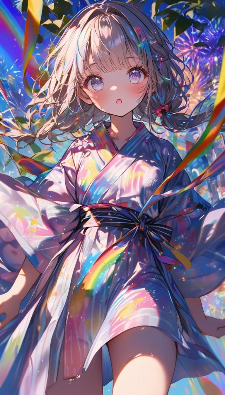 Tanabata、Strip、Bamboo leaf、Stripに願いをこめて、Grilling in a yukata,fluid,Particles of light, dream-like,Sparkling,dream-like glow,Paint drips,oil,strong stroke,Paint drips,Splash Paint Drop, oil,(Abstract:1.2)A girl made up of(Tanabataライトトレース:1.25),Change to (Radioluminescence light tracking) Style Fireworks,(Cowboy Shot,Above Knee Portrait:1.25),Temple Fair,Summer festival,Shining in rainbow colors、16K, Ultra-high resolution, to be born,wonderful ,future、Iridescent、The world 30 years from now。