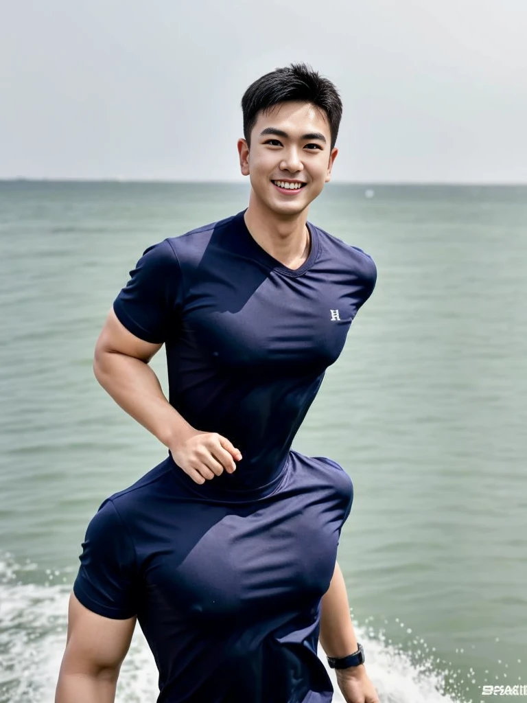 (Create a masterpiece: 1.2),(CGI art:1.3),(realistic:1.5),(After processing:1.3), (Sharp focus:1.3), 1 man, open mouth, smile, (Navy blue round neck shirt), Navy cargo pants, Korean guy , korean men, (High gloss details), chest muscles, large arm muscles, blood vessel, Big muscles, Broad shoulders, looking at the audience, Balancing the eyes, Seaside, beach, sunlight, running towards the camera