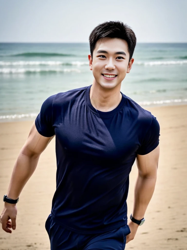 (Create a masterpiece: 1.2),(CGI art:1.3),(realistic:1.5),(After processing:1.3), (Sharp focus:1.3), 1 man, open mouth, smile, (Navy blue round neck shirt), Navy cargo pants, Korean guy , korean men, (High gloss details), chest muscles, large arm muscles, blood vessel, Big muscles, Broad shoulders, looking at the audience, Balancing the eyes, Seaside, beach, sunlight, running towards the camera