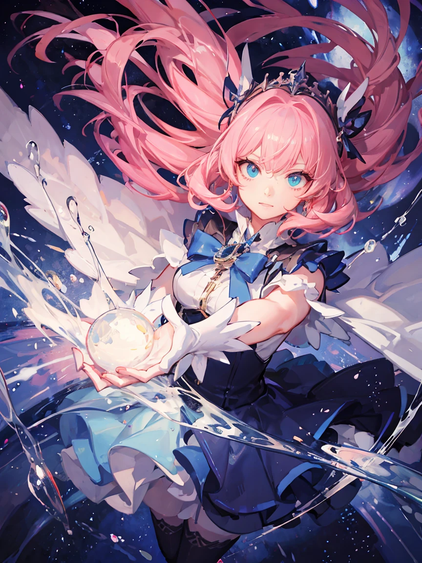 (masterpiece:1.2), Highest quality,Pixiv, Fairytale girl, Detailed portrait of one woman, Long Hair, (floating, space, Milky Way, colorful), Warm lighting, Magical girl, Ruffled Dress, hold magic wand, Milky Way, scenery, {{{Highest quality}}}, {{Super detailed}}, {figure}, Movie angle, {Detailed light},Cinema Lighting, Pink Dress, Pink Hair, Combat Stance
