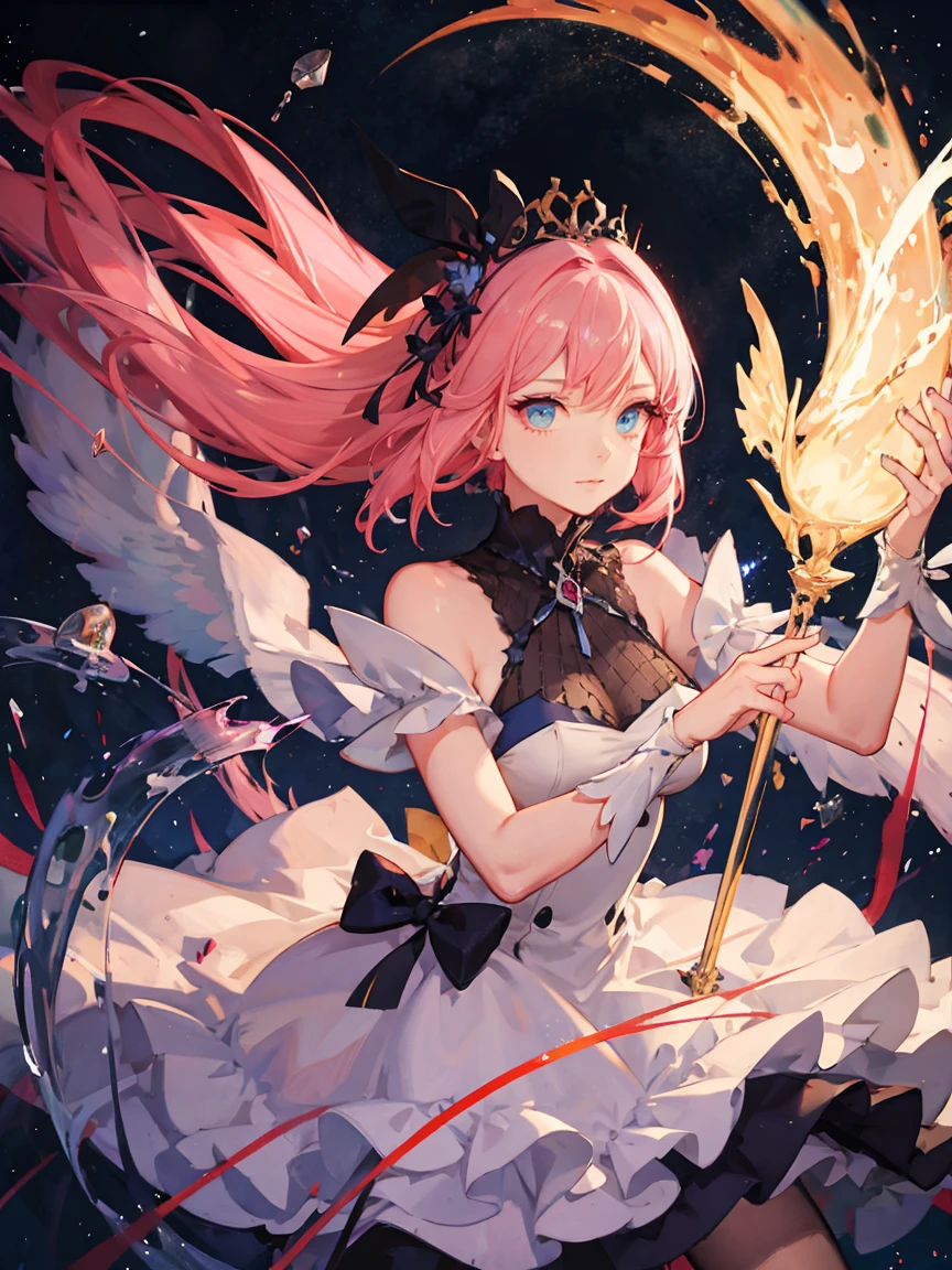(masterpiece:1.2), Highest quality,Pixiv, Fairytale girl, Detailed portrait of one woman, Long Hair, (floating, space, Milky Way, colorful), Warm lighting, Magical girl, Ruffled Dress, hold magic wand, Milky Way, scenery, {{{Highest quality}}}, {{Super detailed}}, {figure}, Movie angle, {Detailed light},Cinema Lighting, Pink Dress, Pink Hair, Combat Stance
