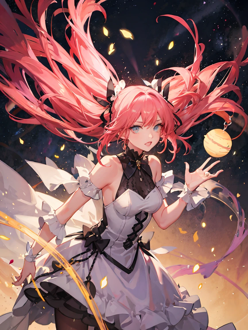 (masterpiece:1.2), Highest quality,Pixiv, Fairytale girl, Detailed portrait of one woman, Long Hair, (floating, space, Milky Way, colorful), Warm lighting, Magical girl, Ruffled Dress, hold magic wand, Milky Way, scenery, {{{Highest quality}}}, {{Super detailed}}, {figure}, Movie angle, {Detailed light},Cinema Lighting, Pink Dress, Pink Hair, Combat Stance