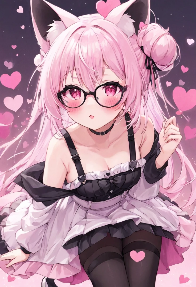 I have white pink hair, cat ears, a bun, my face is super blushing, black glasses, pink heart eyes, a Brazil, a skirt that has black straps, black stockings, white shoes, a cat&#39;s tail, a very girl Shy 