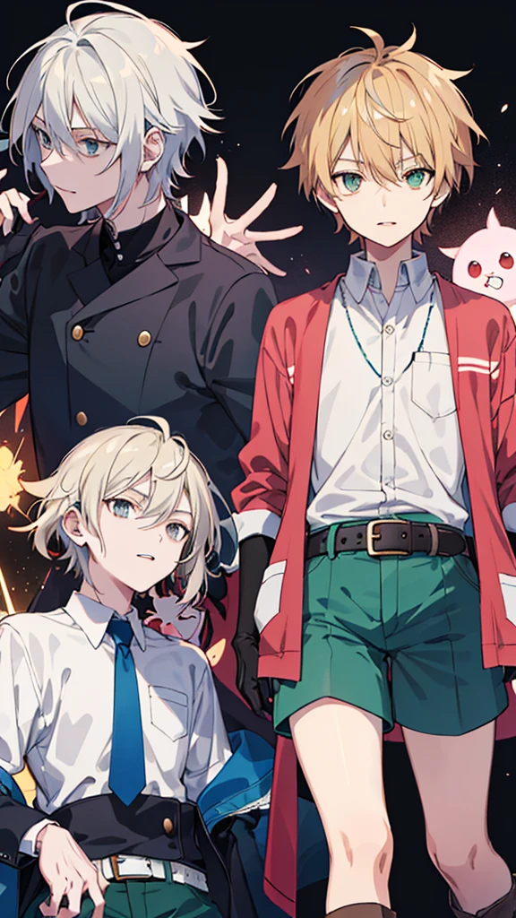 Drawing 1 22 year old man with jacket .. Short light hair Gray eyes Wears a white button-down shirt Wears green shorts Wears a brown belt Wears short brown boots Wears blue gloves, Pink Magic,anime villain poss ,cute anime