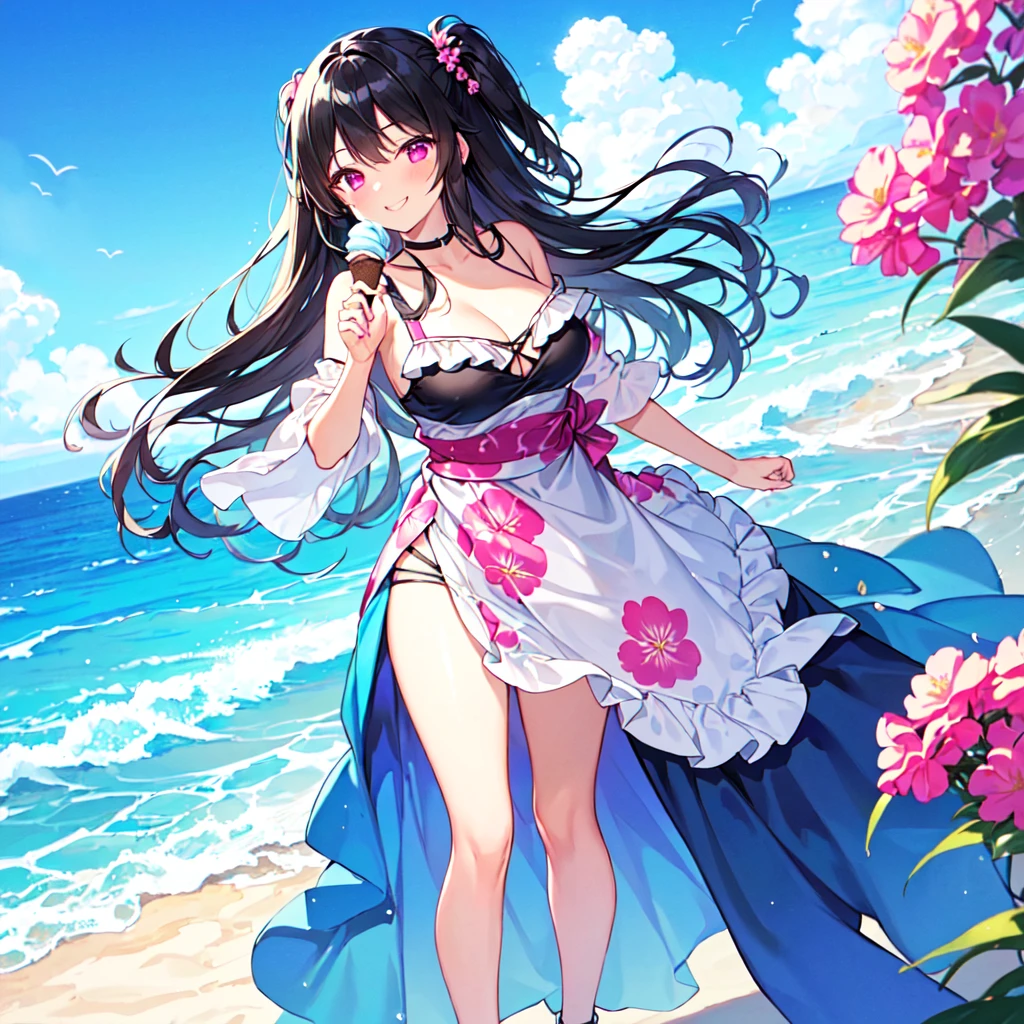 masterpiece, best quality, high quality, extremely detailed, very delicate and beautiful, (1 female 18 years old solo:1.5), (long black hair up to waist with two-side up:1.5), bangs to eyebrows, eyes Eyebrows are glossy, (eye color: magenta:1.3), 6.5 head height, (summer flower print dress: 1.3), knee socks, lace, frills, (smiling), (eating with soft ice cream), (standing), (dynamic pose), (background ocean beach: 1.3), ( blue sky:1.3)