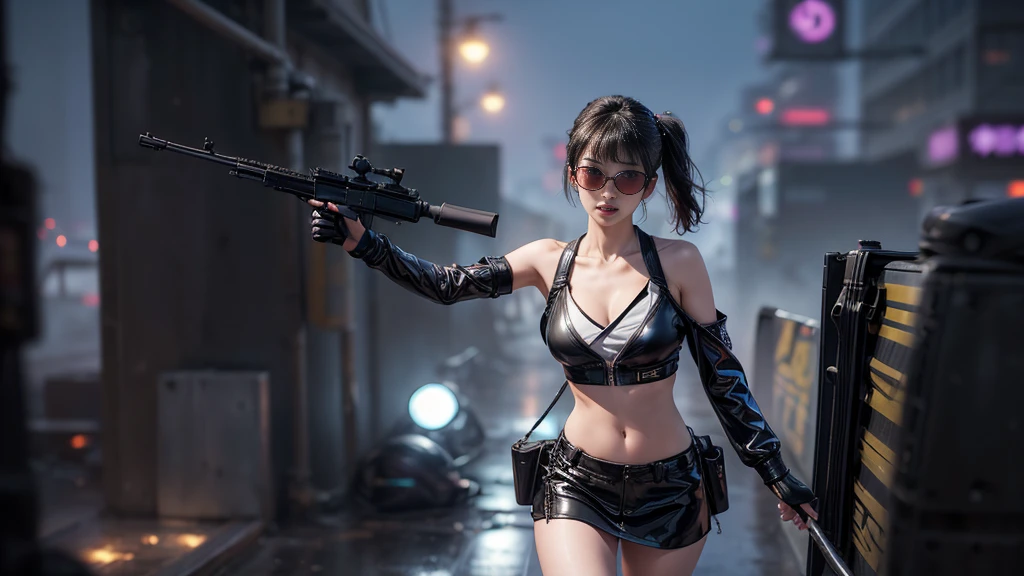 8k, Realistic Skin Texture, Realistic Photo, Neo Tokyo, slim Japanese women, large-breast:1.3 cleavage:1.2, AD2050 at night, Dirty hunting jacket, Wearing tube top, miniskirt, (((black sunglasses, automatic rifle, sneakers, cold, shooting pose, low angle view))), Innovative composition, revenge, cyberpunk, blade runner worldview, Large neon sign, Geisha hologram sign, Strong Wakamoto Sign.