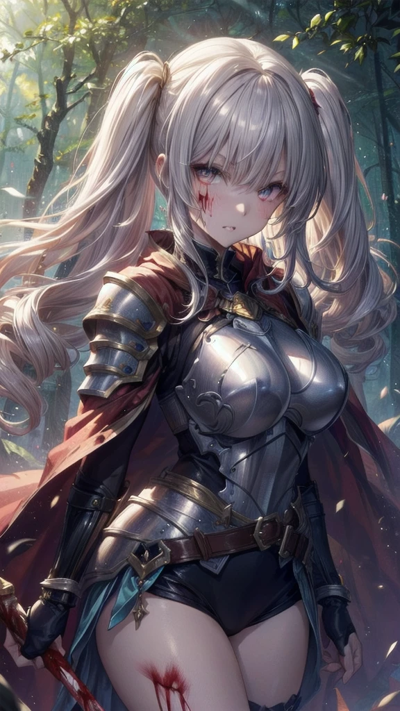 , Holding a long sword with both hands, Have a weapon, cute女の子, Enchanting girl, Anime Girls, (Light purple hair、Wavy Hair、Twin Drill), (Red eyes, Droopy eyes), ((Dark Skin)), break (((Silver Armor、Lower body armor、Chain mail、Jeweled Breastplate、Gauntlet、Shingard、Red Cape)))、 (((Highest quality)), ((masterpiece)), (Very detailed), (High resolution), (Beautiful sparkle), (High detail), (Anatomically correct)), ((Realistic)), ((The best CG)), Very detailedなアート, CG illustration, 16K, 1080P, Oil paints:1.2, (((One Girl))), (左右対称のface立ち, 完璧なface), Beautiful clavicle, (Beautiful fingers), (Beautiful breasts, (Ｃcup)), Beautiful body, Beautiful thighs, Beautiful feet, Perfect round ass, (((Detailed skin, Oily skin, Textured skin, Beautiful Skin))), (((童face, cute, ))), double eyelid, Long eyelashes, (Expression of fine eyes, Beautiful and delicate eyes, Sparkling eyes, Eye Reflexes), (Beautiful Nose,Thin Nose), (Glossy Lips, Beautiful Lips, Thick lips), (Beautiful Hair, Shiny Hair, Shiny Hair), Hair fluttering), (Serious expression), break (noon、(Fantasy World、in the forest)), ((walking、Cowboy Shot))masterpiece:1.2, Highest quality), (Actual Photos, Intricate details), (1 female, alone, Upper Body, all breasts) ，Crazy Smile, Crazy Eyes, A cute and luxurious hair band, Eyes Wide Open、Scary atmosphere、Distorted facial expressions、ねじれた笑face、Bloodまみれ、頭からBloodが出る、Bloodしぶき、whole body、Punk Fashion、Long Hair、長めのbangs、Twin tails、Black Hair、（（（Dark circles under the eyes）））、Pale skin、Feeling unwell、Pathological、邪悪な笑face、Crazy Eyes、（Grin）Dramatic makeup，Create mixed media art、White Background,スクリーン上のwhole body描写,whole body図,Well-built,Nice body,Broad shoulders,I focus,(face),Messy Hair,Yellow Eyes,(Glowing Eyes),(Bloodしぶき:1.7),Red light,笑face,big 笑face,teeth,psycho 笑face,gesugao,School corridor background,evening,sunset,Good Eyes, 良いteeth,Large Breasts,魅惑的な笑face,Large Breasts,Black Hair,Pink Eyes,Pink leotard,pantyhose,Glossy Lips,Sitting,サディスティックな笑face,,all,Shiny skin,詳細なface,Beautiful body,whole body,Adult,whole body油まみれで光沢感がある　whole bodyから湯気が出ている　Steam like a sauna room fills the screen..　White breath from the mouth　city　A person who fights fear々々　Fugitive々　Pedestrian precinct　, Long Hair, alone, blue eyes, Maid headdress, View your audience, Maid, Blood, blush, Bring your finger to your mouth, 笑face, bangs, Hair between the eyes, apron, dress, gotou hitori, Long sleeve, Frills, Blood on clothes, Upper Body, Manicure, be quiet, Juliet Sleeve, black dress, flower, indoor, Maid apron, Blood splatter, Puffy sleeves, Blood on face, Purple Nails, Point your finger up, Rose