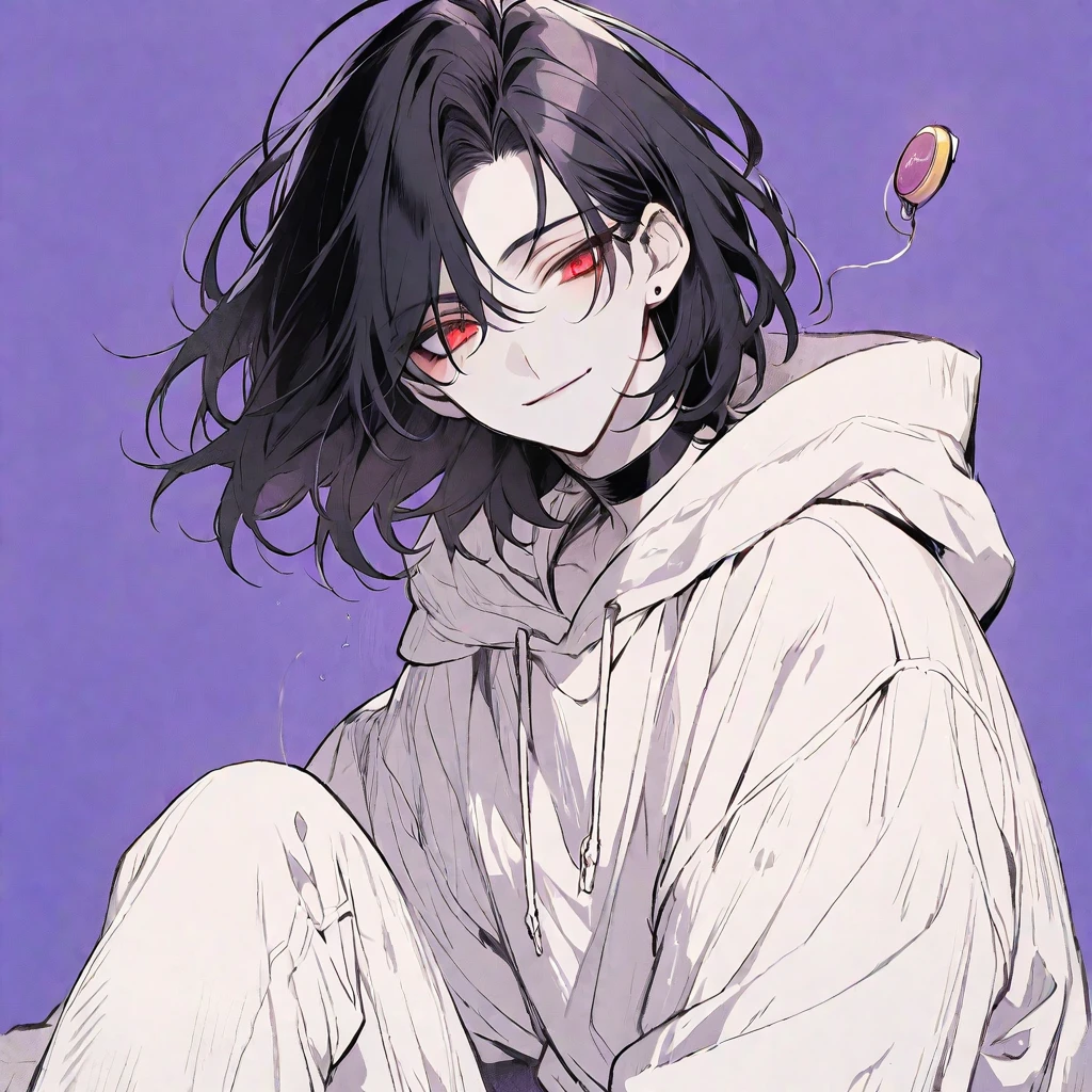 Solo,handsome, monotone,
1. male,
,Straight Hair,Bob Hair, Bob hair,
black hair, 
Gojo Satoru ,
red Eyes,Soft look,
beautiful,sexly,Darkness,choker,
White Distressed jeans, hoodie ,smile,skin,buzzer,
simple background ,
purple background,