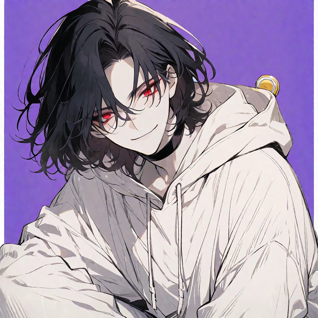 Solo,handsome, monotone,
1. male,
,Straight Hair,Bob Hair, Bob hair,
black hair,
Gojo Satoru ,
red Eyes,Soft look,
beautiful,sexly,Darkness,choker,
White Distressed jeans, hoodie ,smile,skin,buzzer,
simple background ,
purple background,