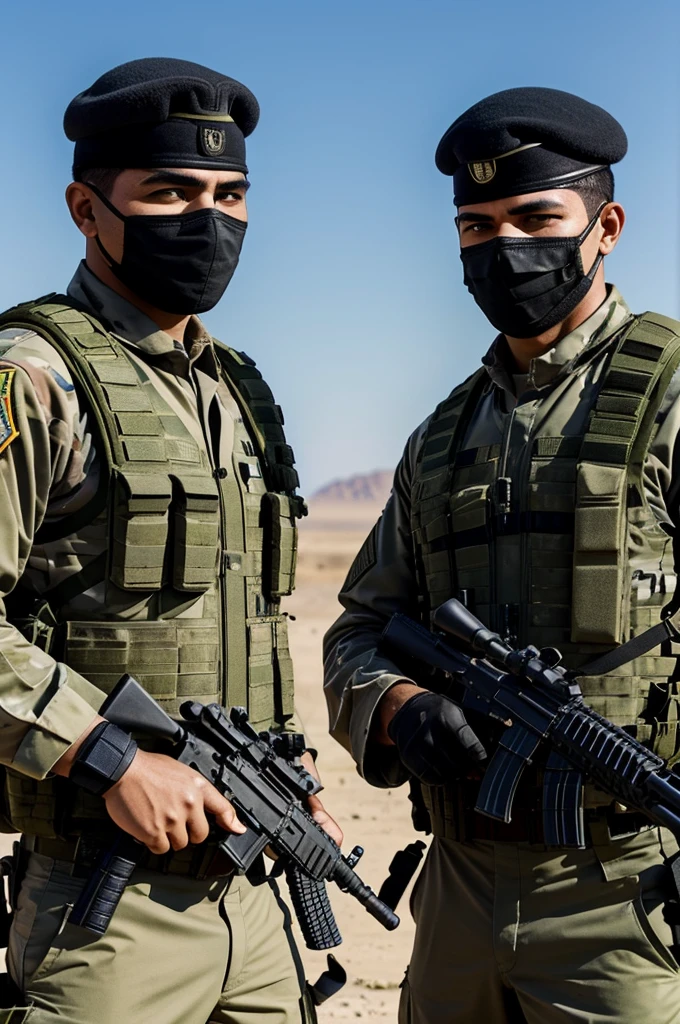 Create a digital image in a military style, highlighting two masked and armed men in military uniforms. Both should wear green headbands with Arabic inscriptions and black masks covering most of their faces, leaving only their eyes visible. They should be holding automatic rifles and have serious expressions. The background should be simple, featuring a clear blue sky to emphasize the two men as the main focus of the image."