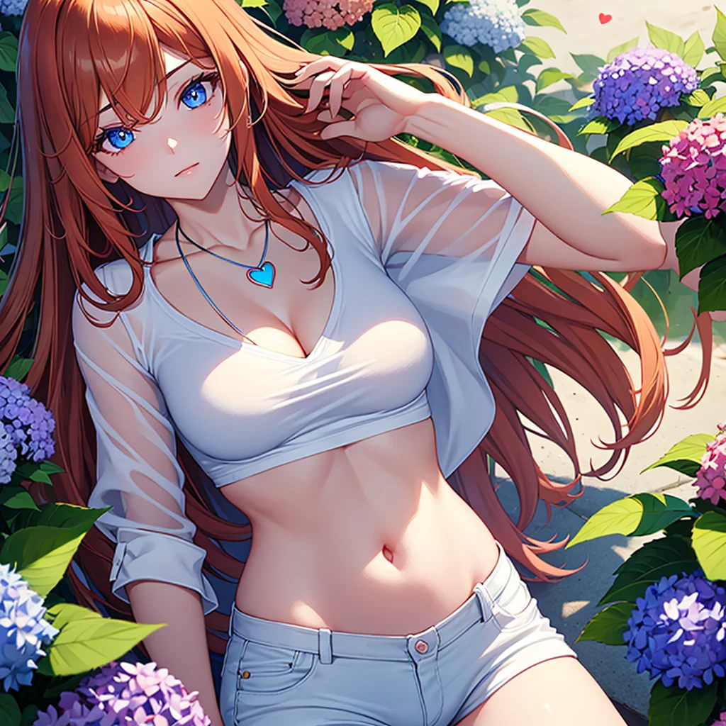 4K, June Scenario, Beautiful woman, long hair, chestnut hair, medium breasts, blue colored eyes, white shirt, hot pants, neon red heart necklace, gazing at viewer, natta, colorful hydrangea