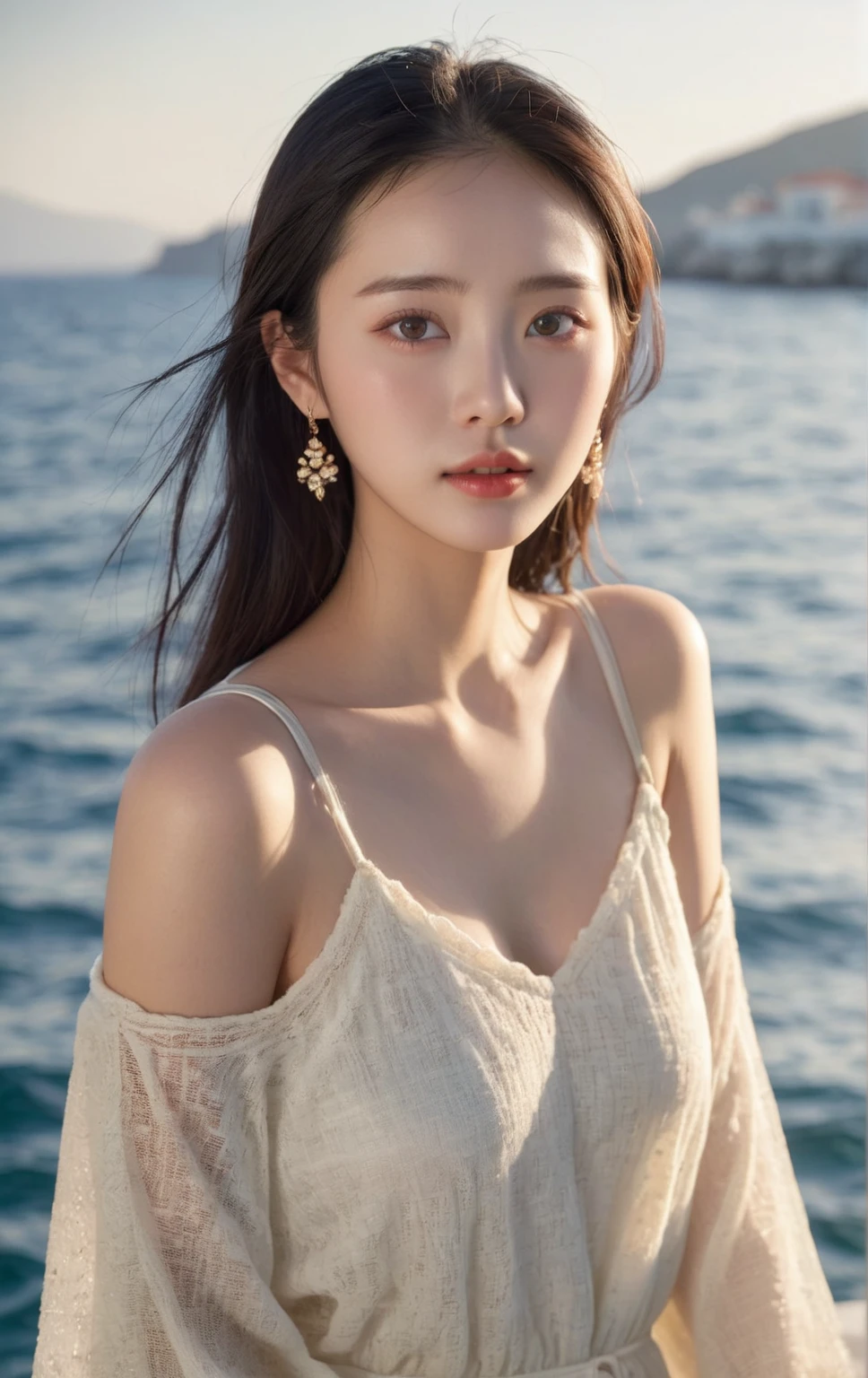 Chinese Beauty，20 years old，In the Greek Sea，sunrise，Sunlight shines on the face，Delicate facial features，Double eyelids，big eyes，Oval face，Shallow dimples，Wearing earrings，Ultra HD pixels，Photographed with a Sony Leica SLR camera，