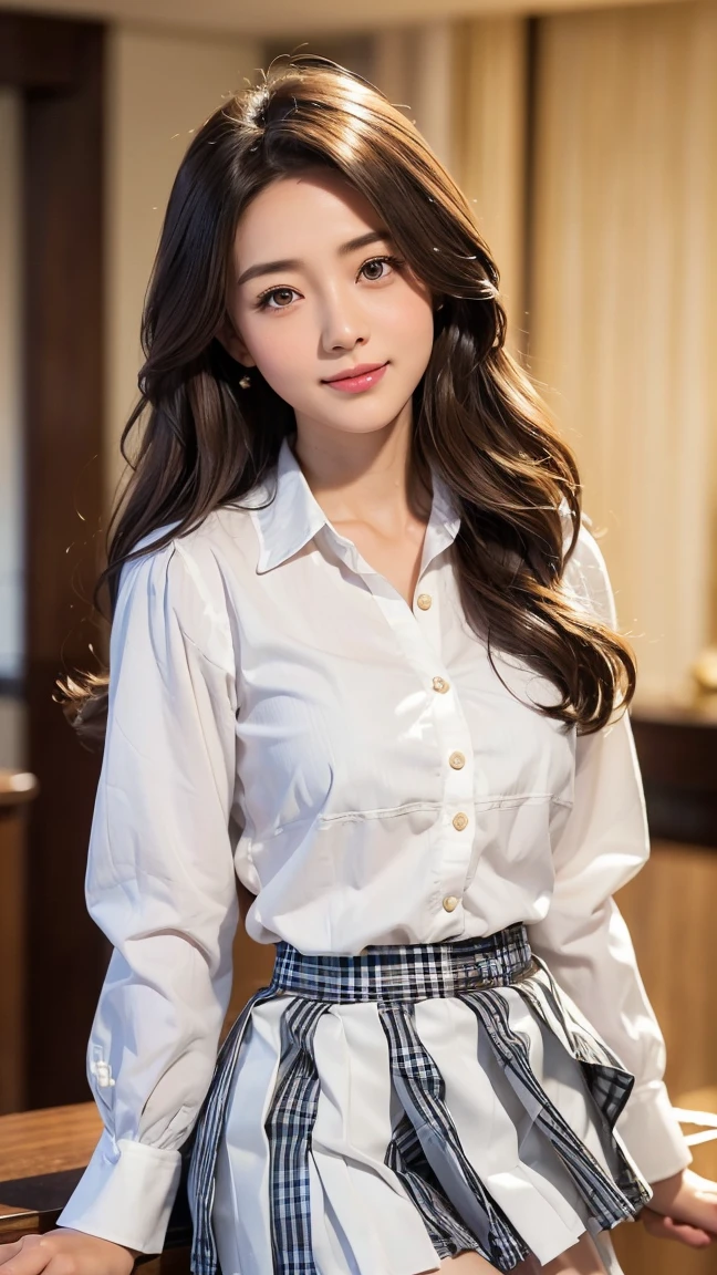 ((Kumiko Goto:1.3))Beautifully detailed face、Pale skin、Realistic glowing skin、Detailed cloth texture、Detailed hair texture、Perfect body、Beautiful Face、correct、Anatomically correct、 Highly detailed face and skin texture、Natural neck length、(Beautiful Hands)、(Fair skin:1.2)、Thin legs、Thin legs、 break 細かい目元、Symmetrical eyes、Light brown eyes、double eyelid、Thin eyebrows、(Glossy Lips:1.4)、((A kind smile:1.2))、(blush:1.1)、 break (Elegant and pretty girl:1.3)、Medium-sized large breasts、(Slim figure:1.1)、Toned Abs、Beautiful clavicle、 (Dark Blonde、Wavy Hair、Long Hair:1.2)、(Cowboy Shot:1.2)、((Hotel reception background, Blurred Background:1.4)), ((wearing white long sleeve button up blouse,Pleated mini skirt with many checked folds:1.3))、