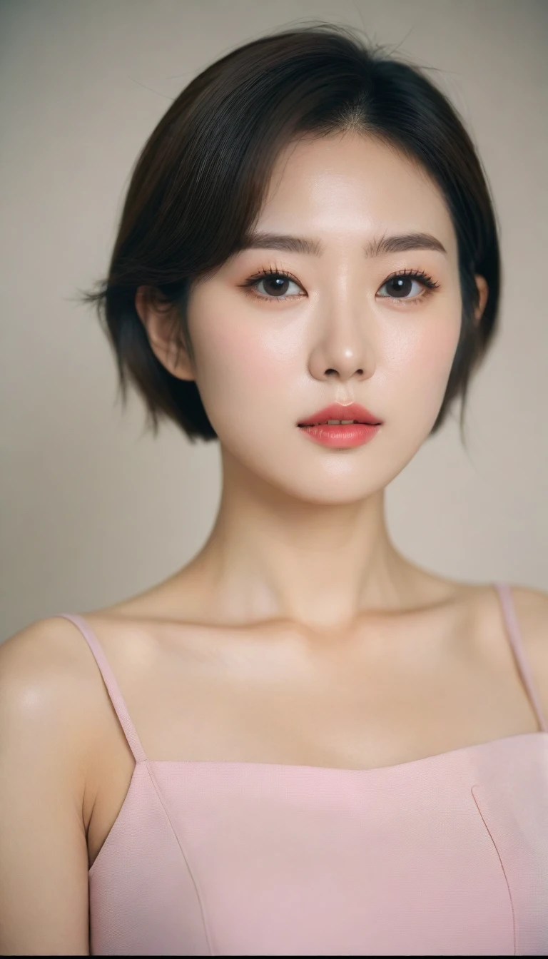 Close up of beautiful Korean woman, 34 inch chest size,Wearing a thin pink luxury brand dress, polaroid photo, Short hair. uhd