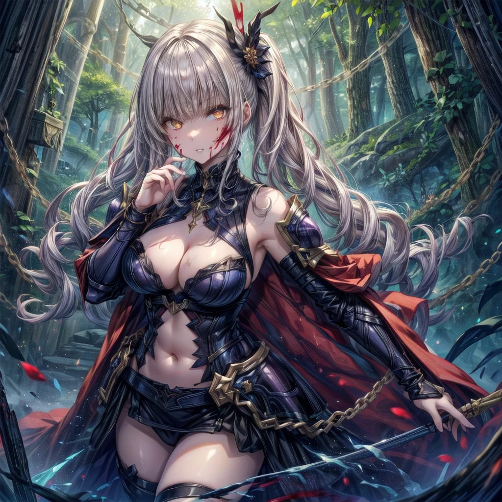 , Holding a long sword with both hands, Have a weapon, cute女の子, Enchanting girl, Anime Girls, (Light purple hair、Wavy Hair、Twin Drill), (Red eyes, Droopy eyes), ((Dark Skin)), break (((Silver Armor、Lower body armor、Chain mail、Jeweled Breastplate、Gauntlet、Shingard、Red Cape)))、 (((Highest quality)), ((masterpiece)), (Very detailed), (High resolution), (Beautiful sparkle), (High detail), (Anatomically correct)), ((Realistic)), ((The best CG)), Very detailedなアート, CG illustration, 16K, 1080P, Oil paints:1.2, (((One Girl))), (左右対称のface立ち, 完璧なface), Beautiful clavicle, (Beautiful fingers), (Beautiful breasts, (Ｃcup)), Beautiful body, Beautiful thighs, Beautiful feet, Perfect round ass, (((Detailed skin, Oily skin, Textured skin, Beautiful Skin))), (((童face, cute, 16 years old))), double eyelid, Long eyelashes, (Expression of fine eyes, Beautiful and delicate eyes, Sparkling eyes, Eye Reflexes), (Beautiful Nose,Thin Nose), (Glossy Lips, Beautiful Lips, Thick lips), (Beautiful Hair, Shiny Hair, Shiny Hair), Hair fluttering), (Serious expression), break (noon、(Fantasy World、in the forest)), ((walking、Cowboy Shot))masterpiece:1.2, Highest quality), (Actual Photos, Intricate details), (1 female, alone, Upper Body, all breasts) ，Crazy Smile, Crazy Eyes, A cute and luxurious hair band, Eyes Wide Open、Scary atmosphere、Distorted facial expressions、ねじれた笑face、Bloodまみれ、頭からBloodが出る、Bloodしぶき、whole body、Punk Fashion、Long Hair、長めのbangs、Twin tails、Black Hair、（（（Dark circles under the eyes）））、Pale skin、Feeling unwell、Pathological、邪悪な笑face、Crazy Eyes、（Grin）Dramatic makeup，Create mixed media art、White Background,スクリーン上のwhole body描写,whole body図,Well-built,Nice body,Broad shoulders,I focus,(face),Messy Hair,Yellow Eyes,(Glowing Eyes),(Bloodしぶき:1.7),Red light,笑face,big 笑face,teeth,psycho 笑face,gesugao,School corridor background,evening,sunset,Good Eyes, 良いteeth,Large Breasts,魅惑的な笑face,Large Breasts,Black Hair,Pink Eyes,Pink leotard,pantyhose,Glossy Lips,Sitting,サディスティックな笑face,,all,Shiny skin,詳細なface,Beautiful body,whole body,Adult,whole body油まみれで光沢感がある　whole bodyから湯気が出ている　Steam like a sauna room fills the screen..　White breath from the mouth　city　A person who fights fear々々　Fugitive々　Pedestrian precinct　, Long Hair, alone, blue eyes, Maid headdress, View your audience, Maid, Blood, blush, Bring your finger to your mouth, 笑face, bangs, Hair between the eyes, apron, dress, gotou hitori, Long sleeve, Frills, Blood on clothes, Upper Body, Manicure, be quiet, Juliet Sleeve, black dress, flower, indoor, Maid apron, Blood splatter, Puffy sleeves, Blood on face, Purple Nails, Point your finger up, Rose