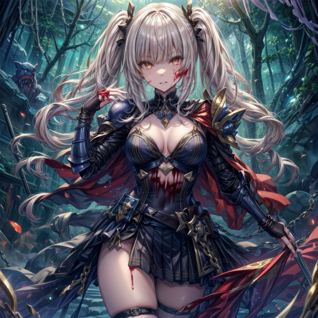 , Holding a long sword with both hands, Have a weapon, cute女の子, Enchanting girl, Anime Girls, (Light purple hair、Wavy Hair、Twin Drill), (Red eyes, Droopy eyes), ((Dark Skin)), break (((Silver Armor、Lower body armor、Chain mail、Jeweled Breastplate、Gauntlet、Shingard、Red Cape)))、 (((Highest quality)), ((masterpiece)), (Very detailed), (High resolution), (Beautiful sparkle), (High detail), (Anatomically correct)), ((Realistic)), ((The best CG)), Very detailedなアート, CG illustration, 16K, 1080P, Oil paints:1.2, (((One Girl))), (左右対称のface立ち, 完璧なface), Beautiful clavicle, (Beautiful fingers), (Beautiful breasts, (Ｃcup)), Beautiful body, Beautiful thighs, Beautiful feet, Perfect round ass, (((Detailed skin, Oily skin, Textured skin, Beautiful Skin))), (((童face, cute, 16 years old))), double eyelid, Long eyelashes, (Expression of fine eyes, Beautiful and delicate eyes, Sparkling eyes, Eye Reflexes), (Beautiful Nose,Thin Nose), (Glossy Lips, Beautiful Lips, Thick lips), (Beautiful Hair, Shiny Hair, Shiny Hair), Hair fluttering), (Serious expression), break (noon、(Fantasy World、in the forest)), ((walking、Cowboy Shot))masterpiece:1.2, Highest quality), (Actual Photos, Intricate details), (1 female, alone, Upper Body, all breasts) ，Crazy Smile, Crazy Eyes, A cute and luxurious hair band, Eyes Wide Open、Scary atmosphere、Distorted facial expressions、ねじれた笑face、Bloodまみれ、頭からBloodが出る、Bloodしぶき、whole body、Punk Fashion、Long Hair、長めのbangs、Twin tails、Black Hair、（（（Dark circles under the eyes）））、Pale skin、Feeling unwell、Pathological、邪悪な笑face、Crazy Eyes、（Grin）Dramatic makeup，Create mixed media art、White Background,スクリーン上のwhole body描写,whole body図,Well-built,Nice body,Broad shoulders,I focus,(face),Messy Hair,Yellow Eyes,(Glowing Eyes),(Bloodしぶき:1.7),Red light,笑face,big 笑face,teeth,psycho 笑face,gesugao,School corridor background,evening,sunset,Good Eyes, 良いteeth,Large Breasts,魅惑的な笑face,Large Breasts,Black Hair,Pink Eyes,Pink leotard,pantyhose,Glossy Lips,Sitting,サディスティックな笑face,,all,Shiny skin,詳細なface,Beautiful body,whole body,Adult,whole body油まみれで光沢感がある　whole bodyから湯気が出ている　Steam like a sauna room fills the screen..　White breath from the mouth　city　A person who fights fear々々　Fugitive々　Pedestrian precinct　, Long Hair, alone, blue eyes, Maid headdress, View your audience, Maid, Blood, blush, Bring your finger to your mouth, 笑face, bangs, Hair between the eyes, apron, dress, gotou hitori, Long sleeve, Frills, Blood on clothes, Upper Body, Manicure, be quiet, Juliet Sleeve, black dress, flower, indoor, Maid apron, Blood splatter, Puffy sleeves, Blood on face, Purple Nails, Point your finger up, Rose