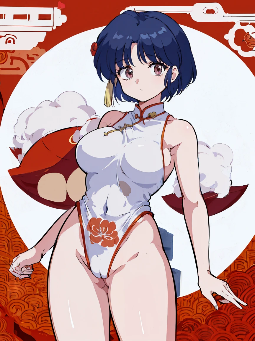 1girl, solo,((toddler)), (little female ,10yo,wide hip:1.3),gigantic breasts, oppai,((sagging breasts:1.3,breasts apart:1.3,hanging breasts:1.3)),
(short, , chibi:1.2), nsfw,revealing chinese ,china dress, (fusion of chinese_dress and highleg leotard:1.5),(wearing doctor's white gown),(((Chinese traditional patterns print on leotard))),Rose hair clasp,skindentation, white Clothes, ((no panties,exphosed groin)),white_background, absurdres, highres,akane, TendouAkane, ,cowboy shot,