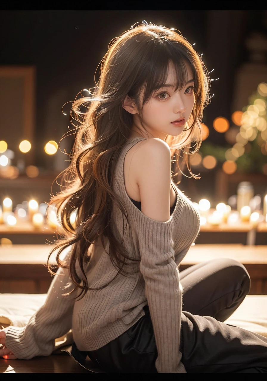 Beautiful Japanese Waifu, early 30s, brunette hair, loose gray sweater, black pants, candle lights in the background