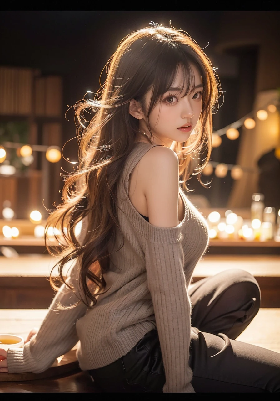 Beautiful Japanese Waifu, early 30s, brunette hair, loose gray sweater, black pants, candle lights in the background 