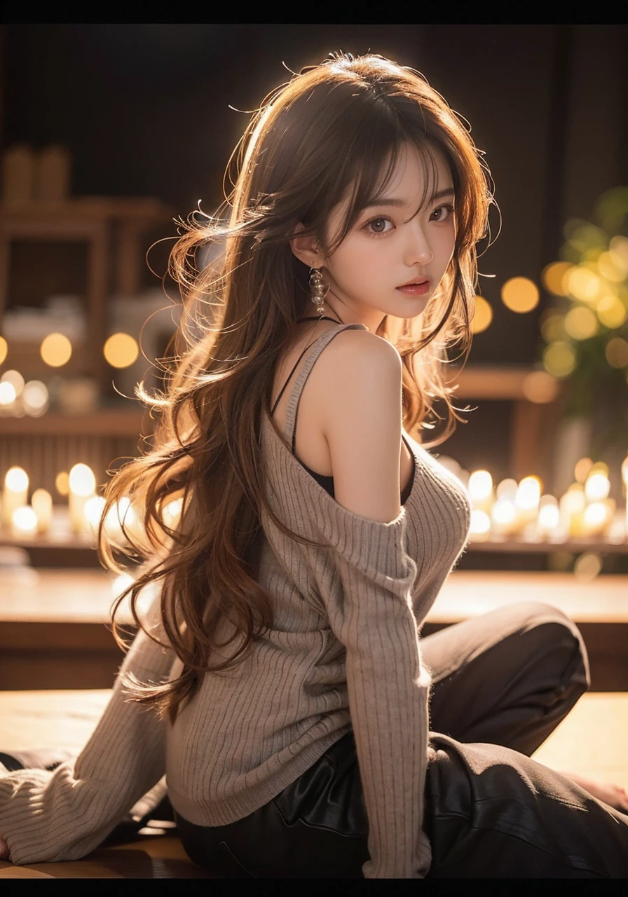 Beautiful Japanese Waifu, early 30s, brunette hair, loose gray sweater, black pants, candle lights in the background