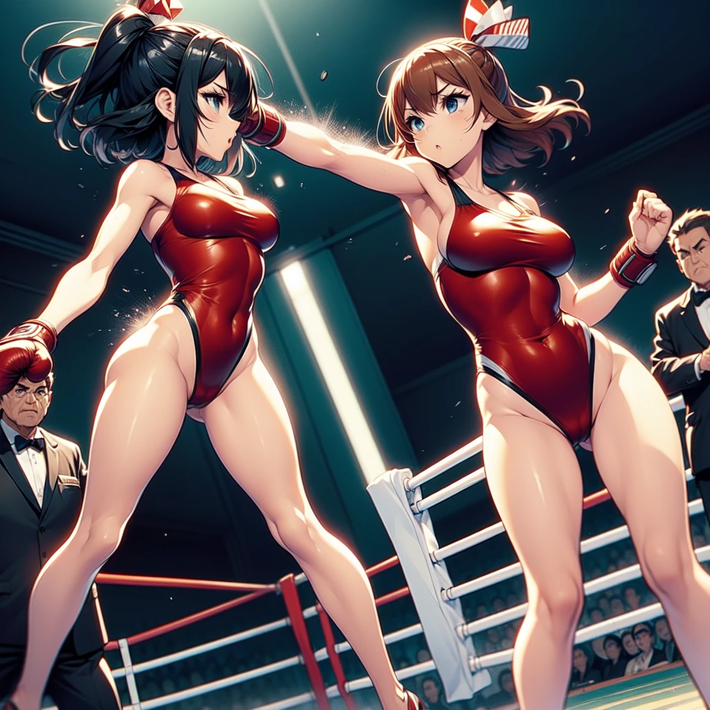 NSFW , In the Jungle Boxing ring , Small woman and big woman , Fullbody shot , Wear Monokini swimsuit with pantyhose , Female boxing Face to face, So huge breasts.