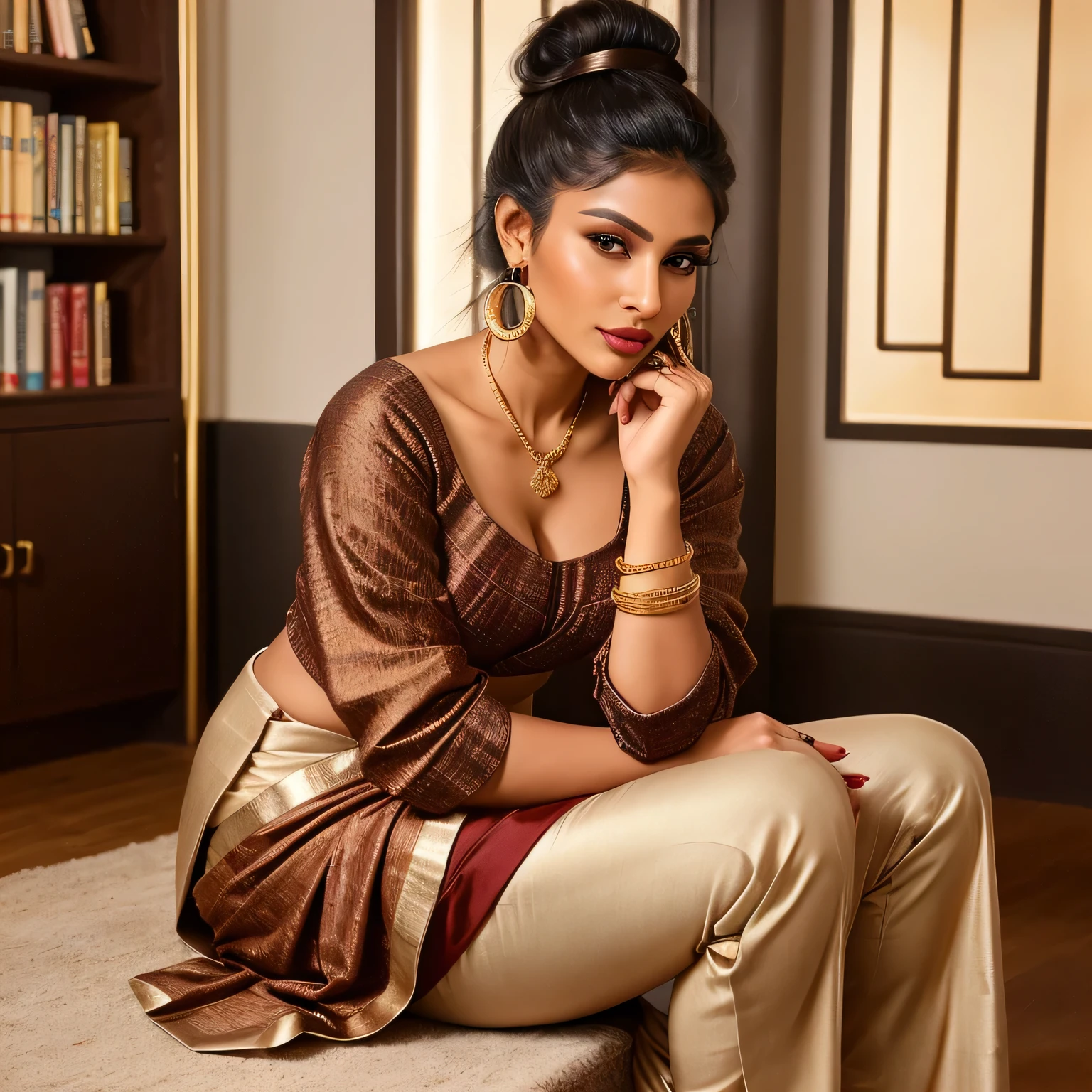Create an ultra-realistic image of a modern, attractive female influencer of Indian descent, aged between 27 to 30. She should have a warm and inviting smile, expressive almond-shaped eyes with a slight shimmer, and clear, glowing skin with a medium brown complexion. Her features should be well-defined, with high cheekbones and a sharp jawline. Her hair should be long and thick, styled in a low, elegant chignon bun at the nape of her neck, with a medium brown shade featuring hints of red and gold, adding dimension and vibrancy. She should have a slender yet athletic build, reflecting a healthy and active lifestyle, with a balanced and proportionate bust size of medium (40-42 inches).

She is wearing a professional yet stylish kurta set or a saree, highlighting her toned figure. Her outfit is completed with stylish black heeled sandals that add elegance to her look. She accessorizes with subtle yet chic jewelry, such as small hoop earrings and a few thin bangles.

The background should depict an educational and learning environment, perhaps a library with cozy reading nooks, suggesting a sophisticated and intellectual lifestyle. Her overall appearance should exude confidence, approachability, and sophistication, capturing the essence of a contemporary Indian fashion influencer.