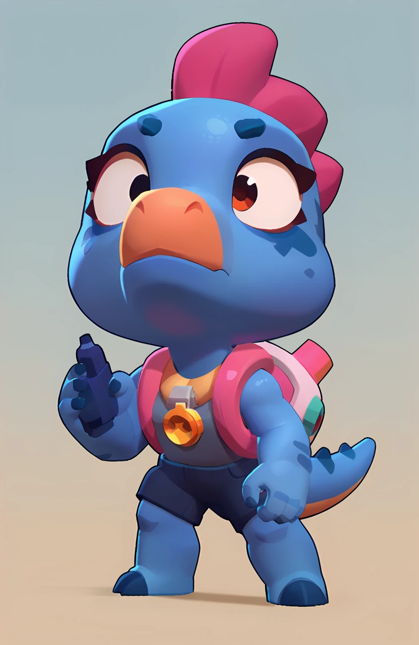 full view of a dinosaur, female, dark blue skin, friendly dinosaur, having a pink and white buoy, dinosaur animal, brawl, brawl stars