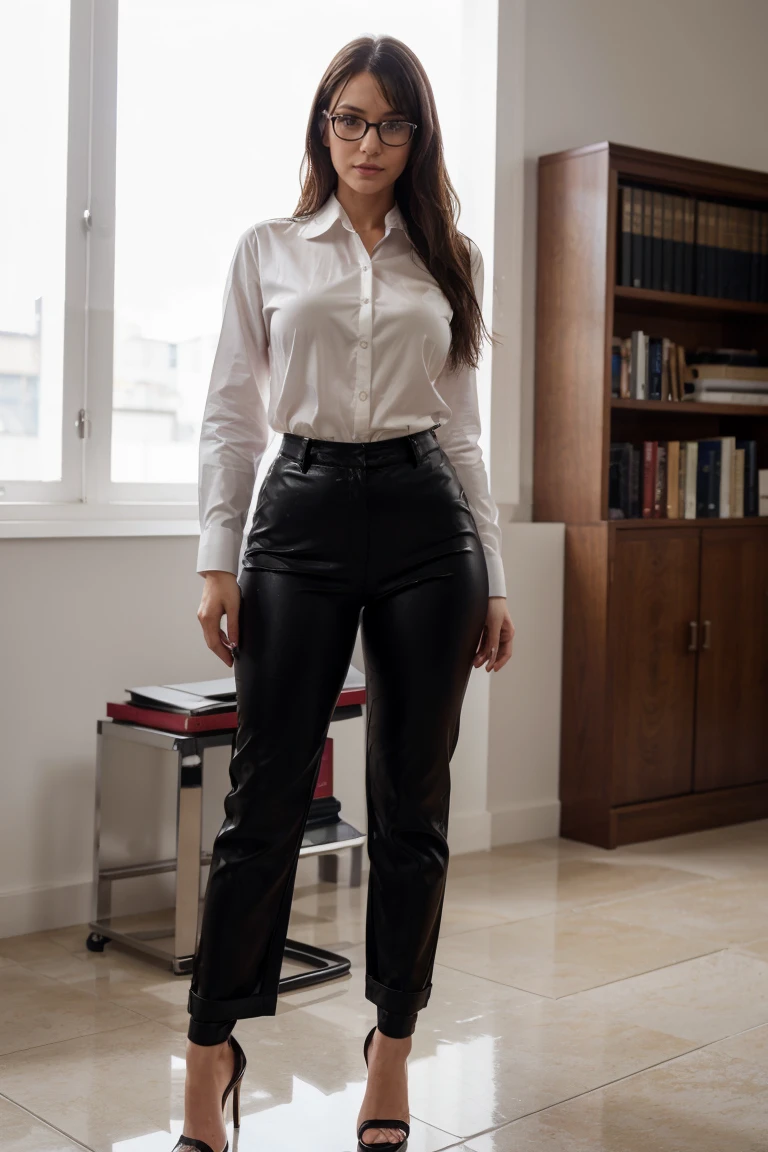 Slim brunette librarian with glasses, hair fringe, black smart trousers, lustful look in her eyes, full body shot, wet white shirt, ultra wide hips, high heels, wide hips, hourglass figure