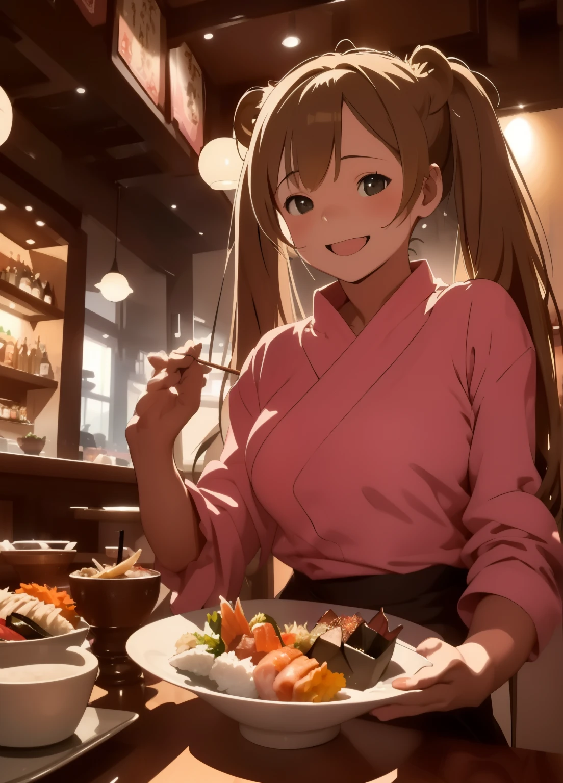 (masterpiece、Highest quality、Highest quality、Official Art、Beautiful and beautiful:1.2)、(One girl:1.3)Hatsune Miku、Twin tails,Beautiful breasts,Lionel, An 8-year-old girl dressed as Saber Lion, Attractive bustling Japanese restaurant. A variety of characters enjoying sushi, She enjoys it, A scene full of laughter. Lionel's innocence and charm stand out in this enchanting moment, Her presence brings magic to the lively restaurant.  (the mane of a lion:1.3) 