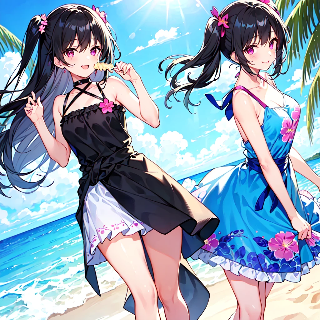 masterpiece, best quality, high quality, extremely detailed, very delicate and beautiful, (1 female 18 years old solo:1.5), (long black hair up to waist with two-side up:1.5), bangs to eyebrows, eyes Eyebrows are glossy, (eye color: magenta:1.3), 6.5 head height, (summer flower print dress: 1.3), knee socks, lace, frills, (smiling), (eating with soft ice cream), (standing), (dynamic pose), (background ocean beach: 1.3), ( blue sky:1.3)